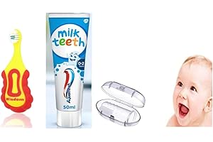 Wisdom Step-by-Step Baby Toothbrush 0-2 Years + Aquafresh Milk Teeth Babies Toothpaste 50ml + Sanitral Silicone Baby Finger Toothbrush -Set of 3