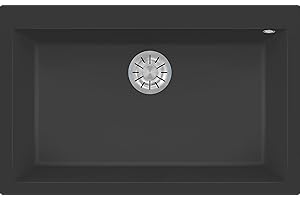 EVHOC Lavello di Design per Cucina 1 Vasca UNICUM L Sopratop, Lavandino in Kuarzite Vasca Unica, Piletta e Accessori per il Montaggio Inclusi, Made in Italy, Nero, 79x50 cm