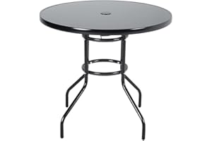 The Fellie Gartentisch Outdoor Esstisch mit Sonnenschirmloch Balkontisch mit Gehärtete Glasplatte & Metallrahmen, Runder- Couchtisch, 80 x 72cm Beistelltisch für Garten, Rasen (Schwarz)