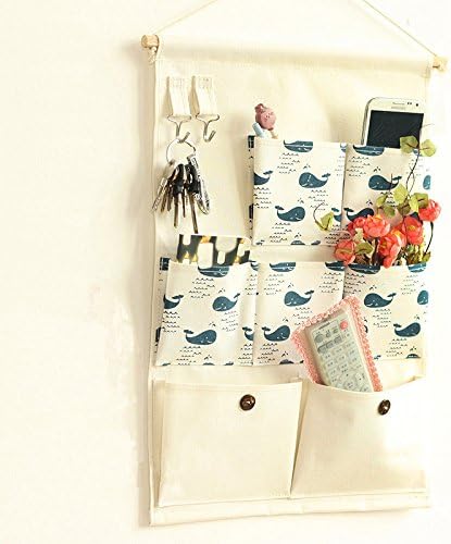 7 Pockets Zakka Garden Style Blue Whales Wall Storage Bag Bathroom Pouch Organizer