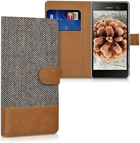 kwmobile Wallet case canvas cover for Sony Xperia M5 - Flip case with card slot and stand in grey brown