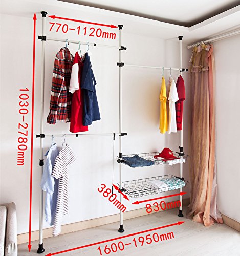 SoBuy® Teleskop Garderoben System B(160-195) x H(103-278)cm, Kleideraufbewahrungssystem, Regalsystem mit 3 Körben, FRG34 - 3