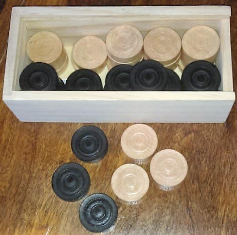 Elysium Enterprises DRAUGHTS/CHECKERS. WOODEN PIECES SET OF 40. WOODEN BOX.