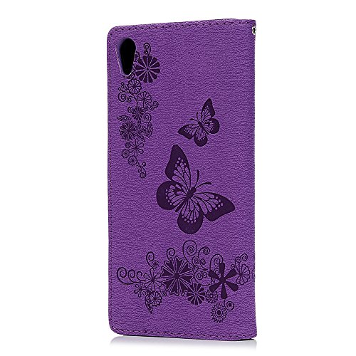 Sony Xperia XA1 Flip Hülle Sony Xperia XA1 Wallet Case YOKIRIN Premium PU Leder Flipcase Brieftasche Book Cover Ledercase Handyhülle Folio Schutzhülle Handytasche Handyschale [Standfunktion Kredit Kartenfächer Magnetverschluss] Groß Schmetterling Lila - 2