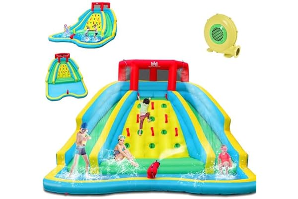 COSTWAY 5 en 1 Château Gonflable avec Souffleur 680W & Toboggan Aquatique & Pataugeoire, Aire de Jeux Gonflable avec Mur d'escalade, Canon à Eau, Charge 150kg pour 2-3 Enfants de 3-10 Ans