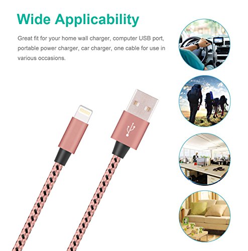 Flashstye 3 Pack 1M 1.5M 2M Phone Charger Nylon Braided Lightning to USB Cable Apple lightning cable for iPhone 7 Plus 6S Plus 6 Plus SE 5S 5C 5, iPad 2 3 4 Mini, iPad Pro Air, iPod.(Rose gold & Black ) - 6