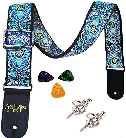 Guitar Strap Vintage Woven Style Adjustable Acoustic Electric Guitar Electric Strap Bass Guitar Strap with Leather Ends Picks Straplocks