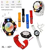 alles-meine.de GmbH XL Set: Disco Watch - Armbanduhr mit LED - Licht _ incl. 5 Verschiedene Paare WECHSEL - Armbänder - Uhr blinkt auch im Rhythmus zur Musik - mit USB Anschluß &..