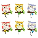 Eulen 6er Set Wandhaken Kinder aus holz bunte Kleiderhaken Garderobenhaken