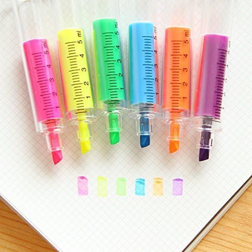 Annedenn, cute syringe highlighter, needle tube, marker, 6 pieces