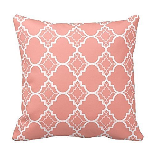 Coral Pink Quatrefoil Geometric Pattern Square Decorative Throw Pillow Cover Cushion Case Two Sides(18 x 18 Inch)