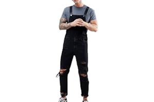 CAIGE Casual Slim Fit Salopette Moda Uomo Jeans Strappati,Nero,L