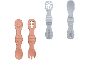 Bojiwavawd Baby Learning Spoons Forks Set, 4pcs Silicone Self Feeding Baby Utensils Ages 6-12 Months, Toddler Cutlery Set, Toddler Utensils, Feeding Training Spoons, Dishwasher Safe