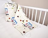Bettumrandung Nest Kopfschutz Nestchen 420x30cm, 360x30cm, 180×30 cm Bettnestchen Baby Kantenschutz Bettausstattung Eule Ecru/Blau Groß - 2