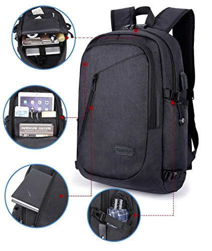 Domila Anti Diebstahl Business Laptop Rucksack mit USB-Ladeanschluss  wasserdichter Reiserucksack f  r M  nner und Frauen  schwarz 