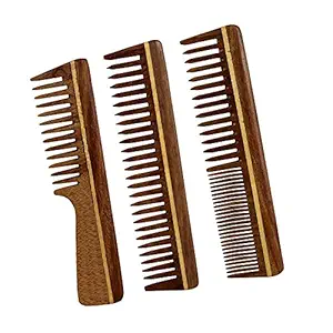 Handmade Hair Care Wooden Tooth Anti Static Comb, Set of 3, Made of Sheesham (Rosewood)