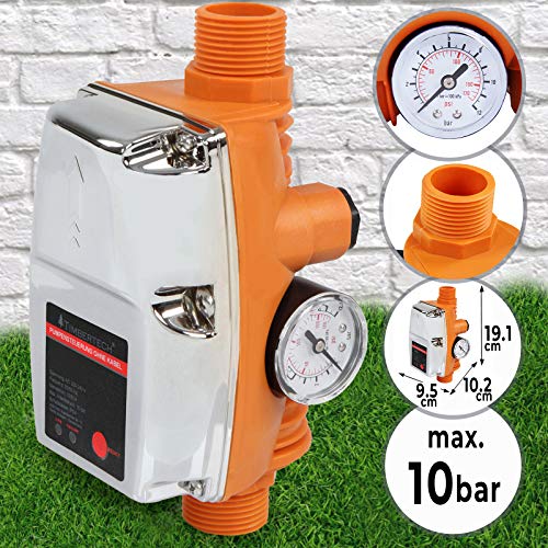 TIMBERTECH Controlador de Presión Automático - 1,1kW, Presión Máx. 10bar, con Manómetro, Protección IP65 - Interruptor de Control Electrónico de Bomba de Agua, Presostato, Presscontrol