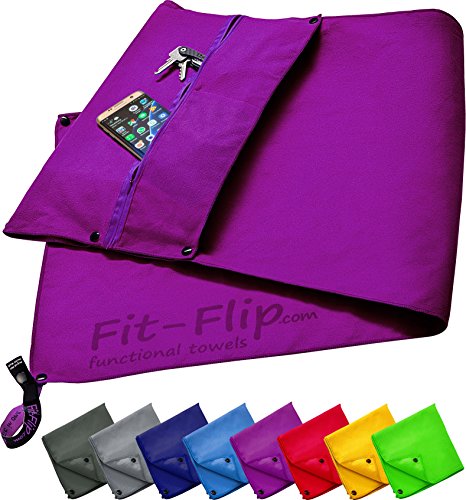 3-tlg Fitness-Handtuch Set mit Reißverschluss Fach + Magnetclip + extra Sporthandtuch | zum Patent angemeldetes Multifunktionshandtuch, Fit-Flip Microfaser Handtuch