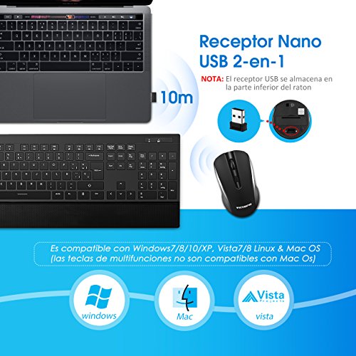 VICTSING Pack de Teclado y Rat  n Inal  mbricos  QWERTY Espa  ol 104 Tecla  USB  2 4GHz  para PC  Mac  Tableta  Ordenador  Smart TV   Color Negro