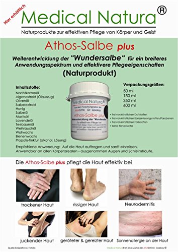 50ml Athos Salbe plus, Weiterentwicklung der sogenannten "Wundersalbe" durch ein Forschungsunternehmen für ein breiteres Anwendungsspektrum. Natürliche Salbe, Creme, Hautcreme / Hautsalbe, Handcreme, Fusscreme, trockene Haut, Fingerkuppen, Ellbogen, Knie, Fersen. Neurodermitis, Schrunden an Händen und Füßen. Mit Olivenöl, Nachtkerzenöl, Bienenwachs, Wollwachs, Salbeiextrakt, Salbeiöl, Weihrauchöl, Mastix Öl, Lavendelöl, Algenöl, Propolis, Honig, Teebaumöl. Naturprodukt! Deutsche Qualitaet!