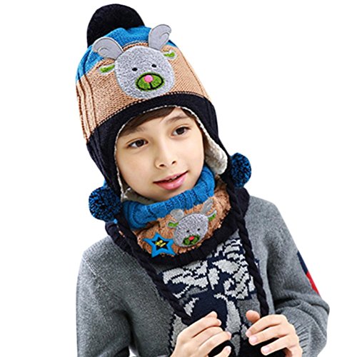 Wawoo®Baby Boys/Girls Beanie Cap Children's Knitted Winter Wool Pom Pom Hat with Ears Flap & Chin Strap + Scarf Collar Santa Elk 2-4-8T Kids