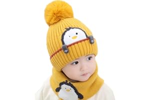 RAYSON Gorros para Niño Niña Bebé Otoño Invierno Linda Pequeño pingüino Niños Gorro de Punto Acolchado y Bufanda Traje de 2 Piezas