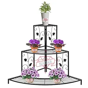 NAYAB Metal 3 Tier Corner Shelf For Pot, Black, L x W x H-81cm x 57cm x 70cm