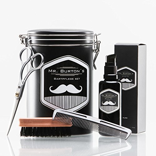 High-quality beard care set - including Mr Burton's Beard Oil "pure", beard brush, scissors and comb - the perfect gift or birthday present for men and beard-wearers.