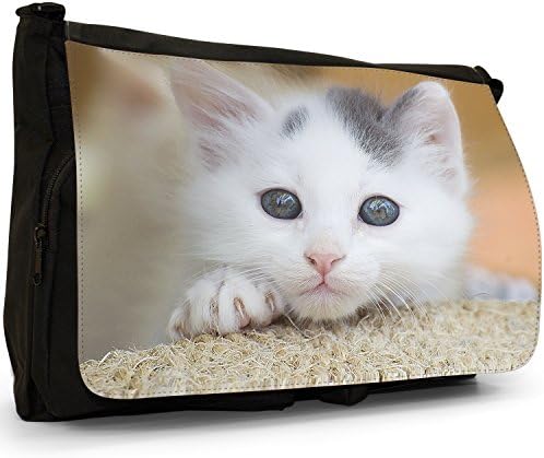 Soft White Blue Eyed Kitten Lying on Rug Black Large Messenger School Bag