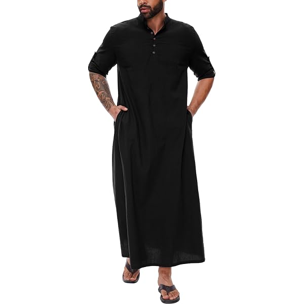Caftan Manches Longues Pour Homme - Coton/Lin - Avec Poches - Taille M à 3XL - Coupe Universelle Décontractée - 2