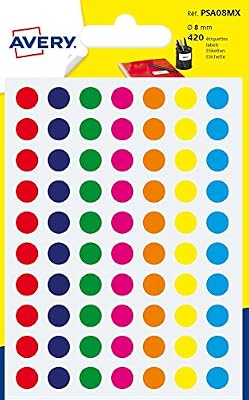 Avery 420 pastilles - Ø8mm - Planche A6 - Couleurs Assorties (PSA08MX)