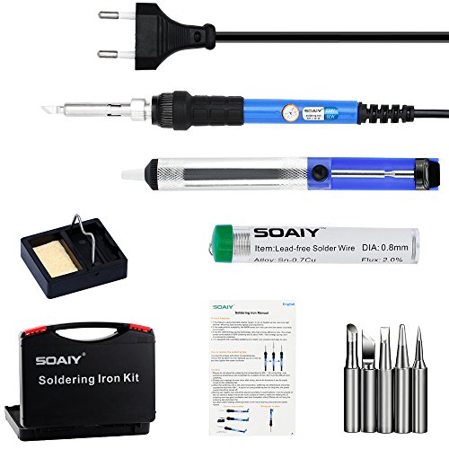 SOAIY® 6-in-1 Lötset 60W Lötkolben Temperatur 200-450°C regelbar inkl. Koffer, 5er-Set Lötspitzen, Entlötpumpe, Lötzinn, Ständer mit Schwamm - 2
