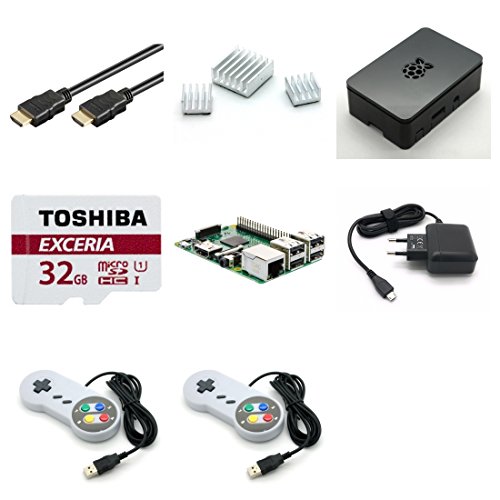 Raspberry Pi 3 Modell B - RetroPie Starterkit - Bestehend aus: Raspberry Pi 3, Micro USB Netzteil 5V / 2,5A, schwarzem Gehäuse, 2x USB 2.0 Controller im SNES Design grau, Toshiba 32GB Class 10 MicroSDHC Speicherkarte + Adapter, 2,0m HDMI Kabel und Kühlkörper-Set by avc-shop