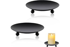 Feliciay 2pcs Pillar Candle Holders, Metal Candle Stand Round Tray, Church Candle Dish Pillar Holder for Christmas Table Decorative Home Living Room Decor(Black) - 10cm