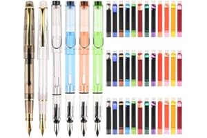 GOLDGE Pluma Estilográfica con 36 Cartuchos de Tinta，Pluma de escritura Perfecto Regalo para Niños y Adultos, Bolígrafos de Colores transparentes seis color, 6 Tipos de Puntas