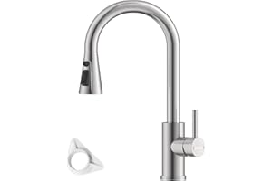 DAYONE Kitchen Mixer Tap with Pull Out Spray, SUS304 Stainless Steel Sink Mixer, Single Lever Sink Tap, High Arc 360° Swivel 3 Spray Modes Kitchen Faucet Brushed Steel