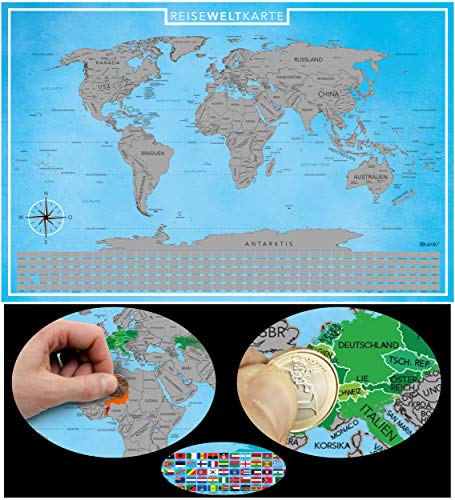 blupalu - Mappa del Mondo dei gommoni, Versione 2018, con Chip per rubini Incluso, 89 x 59 cm, in Confezione Regalo, Colore: Argento