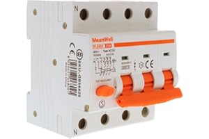 MeanWell Interruttore Magnetotermico Differenziale Trifase 300mA, RCBO 3P+N C25 25A, Tipo AC Curva C 6000A 380V, 4 Poli Occupa 4 Moduli Barra DIN