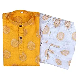 Superminis Baby Boys Fancy Ethnic Wear Cotton Golden Thread Work Kurta with White Color Elastic Dhoti (Yellow, 2-3 Years)