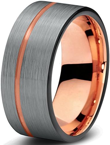 Tungsten Wedding Band Ring 9mm for Men Women Black Rose Gold Plated Flat Cut Offset Line Brushed Polished Size T 1/2