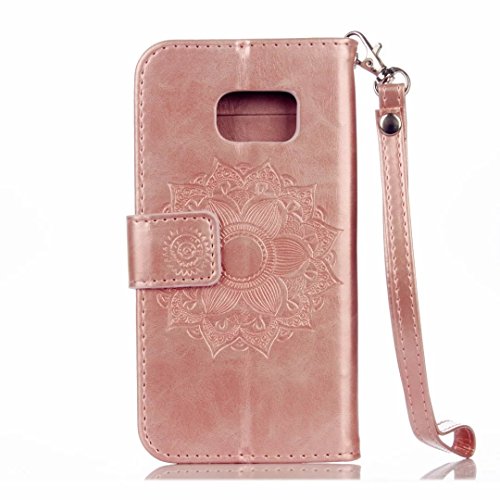 MUTOUREN Portemonnaie Handyhülle für Samsung Galaxy S7 Bookstyle Gürtelhändytasche Brieftasche PU Leder Wallet Case Cover Schutzhülle Hülle Etui mit Standfunktion Magnetverschluß Card Slots Kratzfeste Anti-scratch Premium Ledertasche Gepresste Blumen Indische Sonne Mandala Rosegold + Bleistift Touch Pen - 3