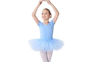 PLIKSUVER Tutu Ballerina Bambina Body Danza Classica Bambina Cotone Vestito da Balletto Ginnastica Manica Corta Rosa Bleu