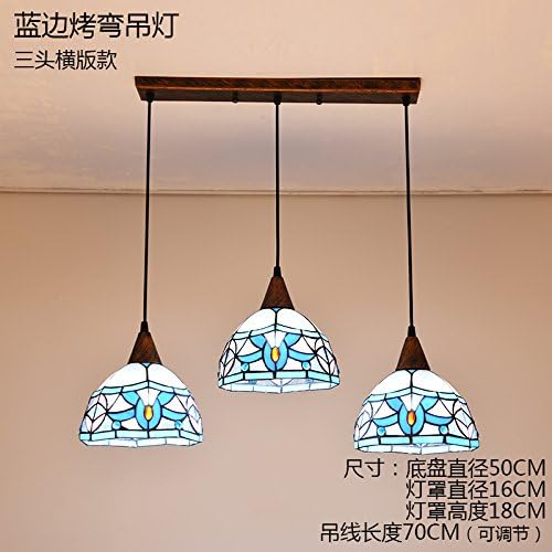 Osradmd Mediterranean Restaurant Bar Lamp Chandelier Three Bedroom Glass Lamp Simple Pastoral Creative Personality,20 Blue Edge Roast Bend Three Head Horizontal Plate (Gold)