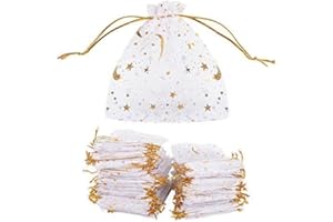 MEJOSER 100 Stück Organzabeutel (9 x 12 cm), Zuckerbeutel, Schmuckbeutel, Dragee, Motiv Stern, Mond, Heißdruck, für Party, Hochzeit, Süßigkeiten, Schokolade, Weihnachten, Geburtstag, Geschenke