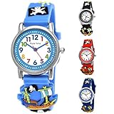 Pure Time® Kinder Uhr Jungenuhr Mädchenuhr Silikon Kautschuk Schul Uhr Jungen Mädchen Armbanduhr Uhr mit 3D Piraten Motiv Sport Lern-Uhr Schul-Uhr Sportuhr Blau Hellblau Türkis Schwarz Rot (Hellblau)