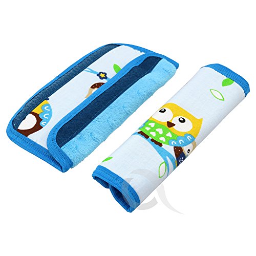 UNIVERSAL padded Harness Seat belt Strap Cover REVERSIBLE (blue/owl)