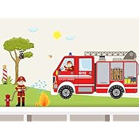 Wandtattoo "Feuerwehr SET" Wandaufkleber mit Feuerwehrwagen und Feuerwehrmann für Junge Kinderzimmer individualisierbar