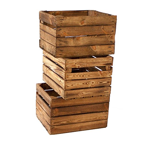 3er Set alte Vintage Holzkiste – geflammt / gebrannt – alte, gebrauchte Obstkiste / Weinkiste - 3