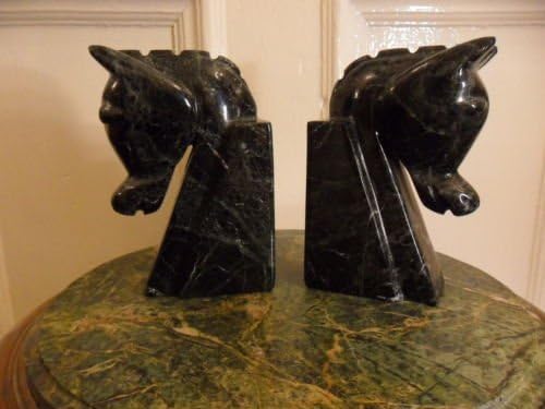 ART DECO BLACK MARBLE HORSE HEAD BOOKENDS STATUE SCULPTURE 1 PAIR SOLID STONE