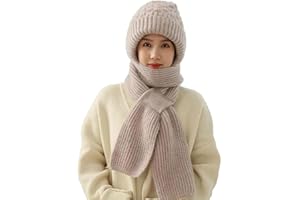 FUNLOV Integrated Ear Protection Windproof Cap Scarf,Winter Knitted 2 in 1 Scarf Ear Guard Hat,Thicked Warm Eavesless Hooded Scarf for Women